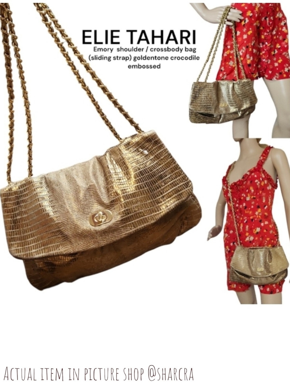 Elie Tahari Women golden crocodile embossed leather rouched slide chain Handbag